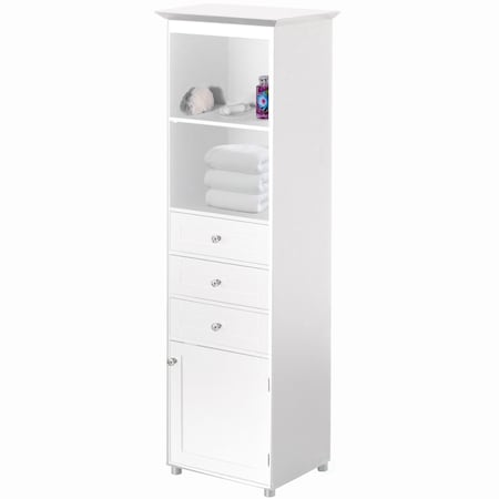 Basicwise Tall Freestanding Linen Tower, Bathroom Cabinet with 2 Open shelves, 3 Drawers, and a Closet, White QI004611.WT